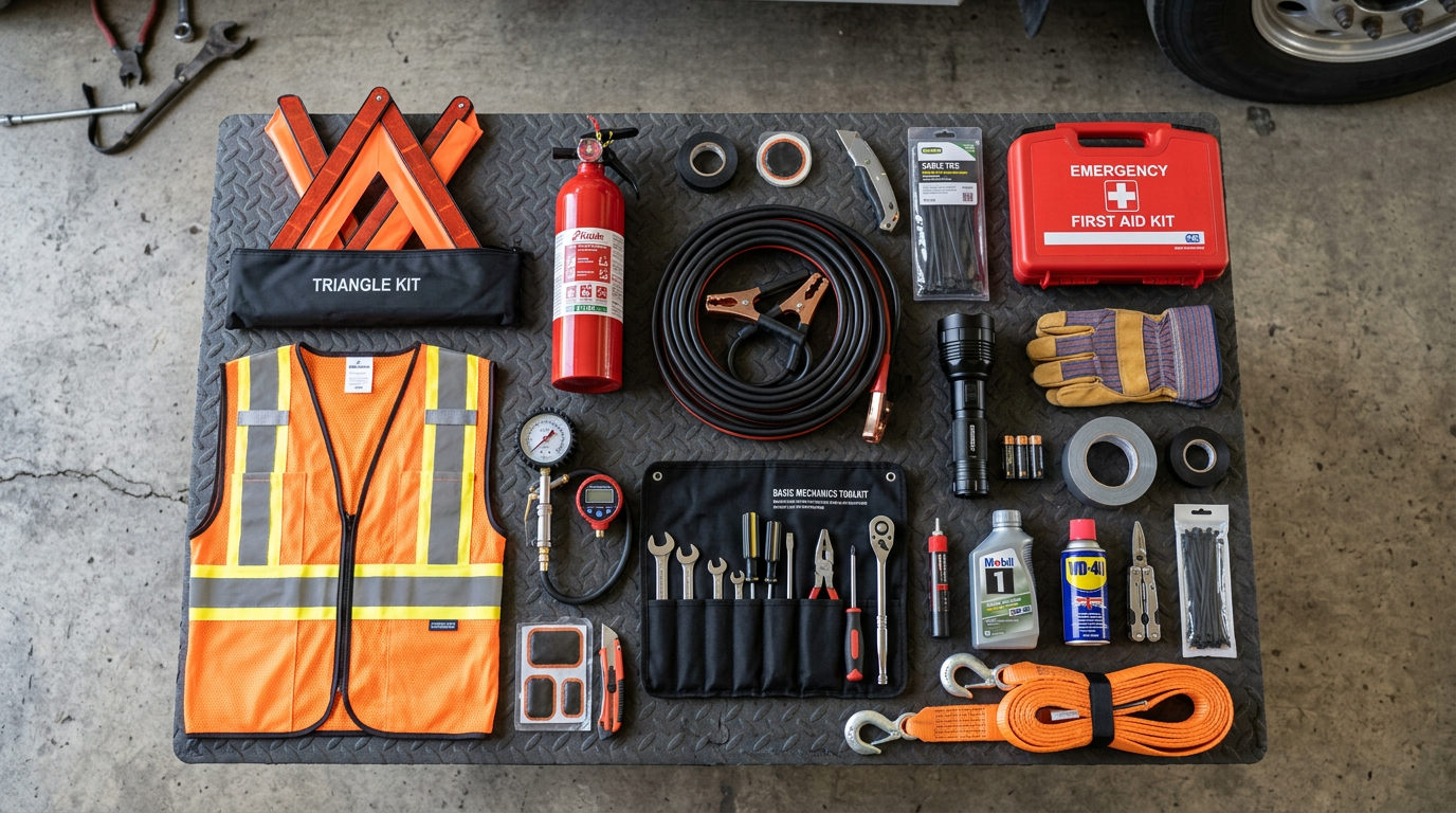 Roadside emergency kit including safety vest, jumper cables, fire extinguisher, first aid kit, and assorted tools