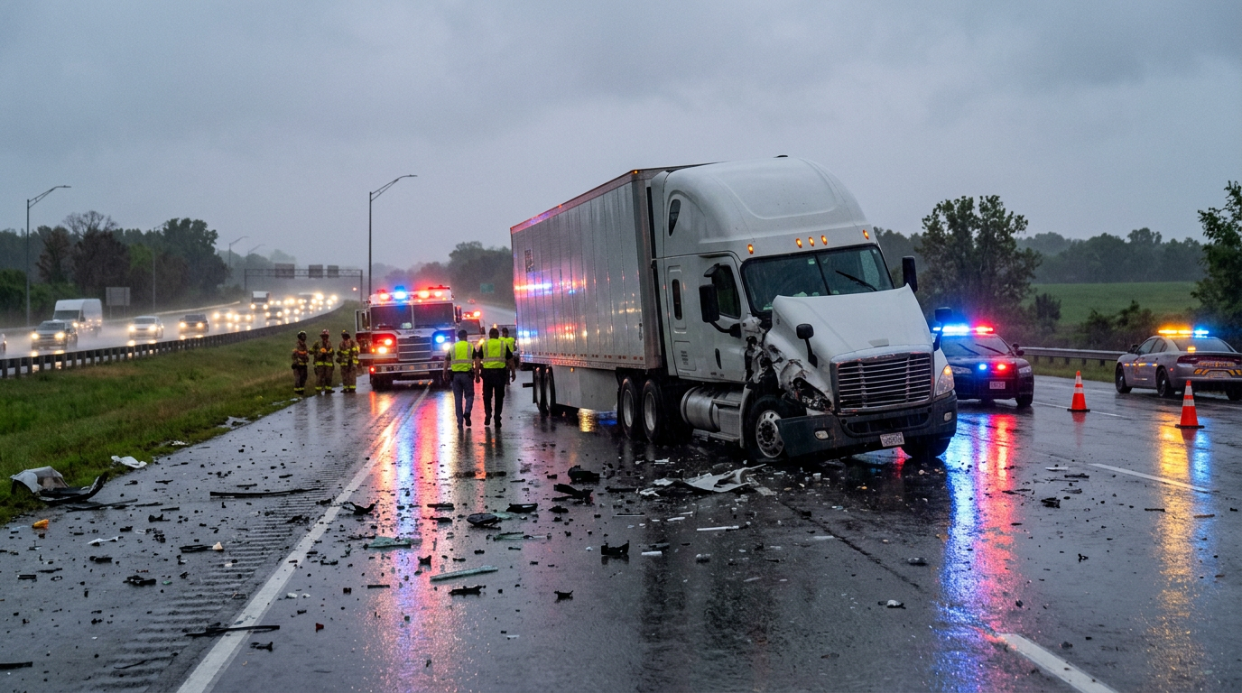 Semi-truck with front-end damage on wet highway with emergency vehicles and debris