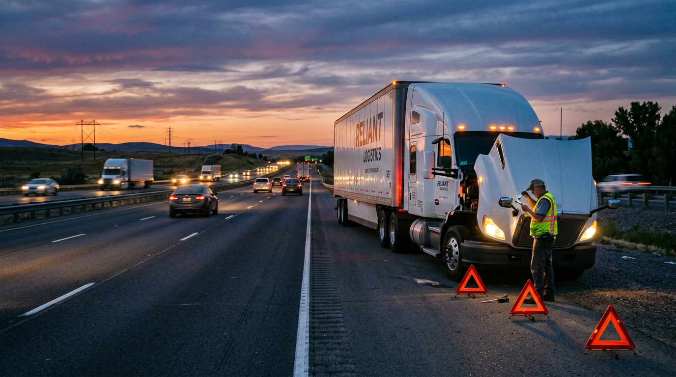 Truck driver checking engine on roadside with safety triangles at sunset